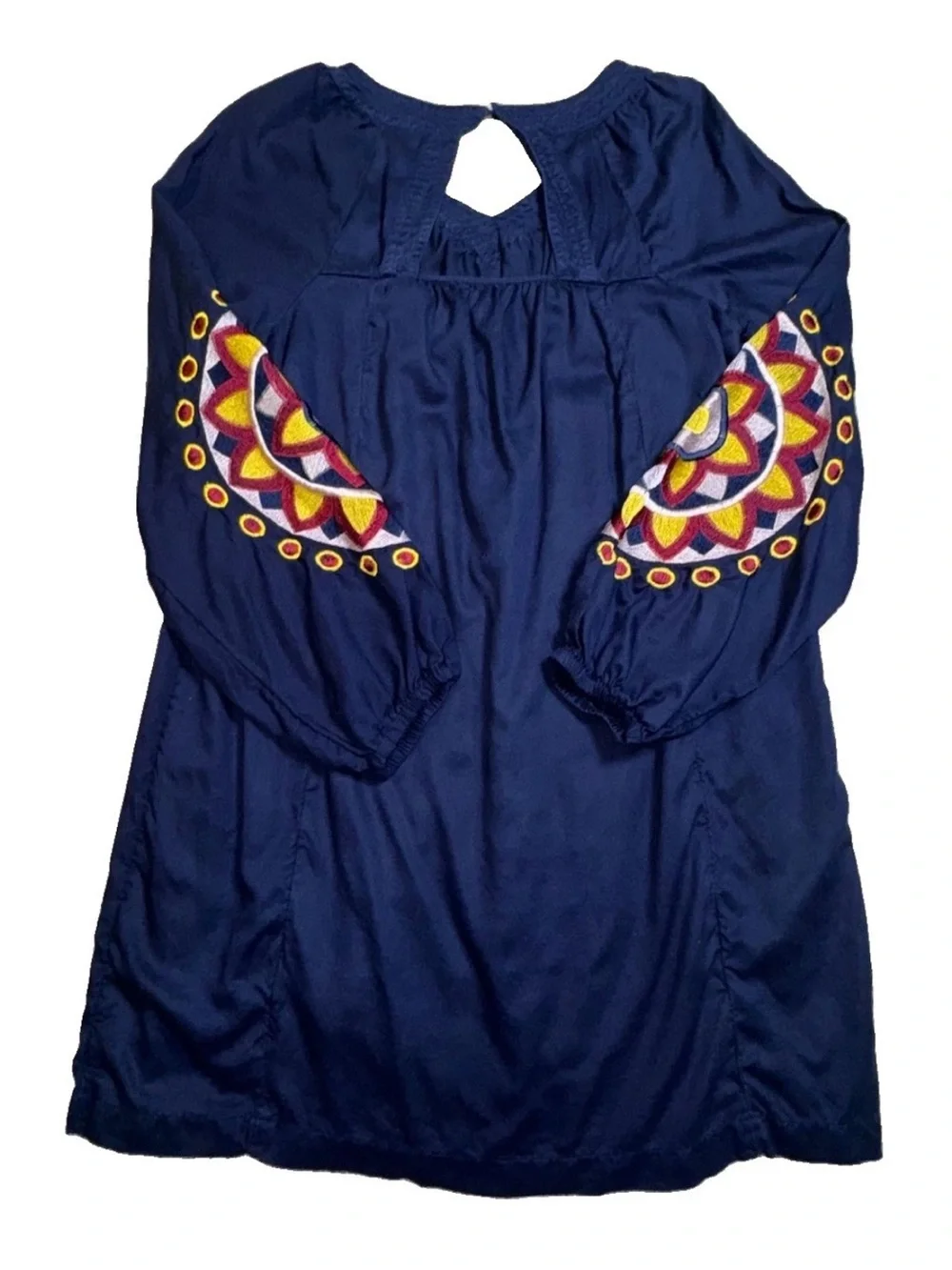 Crown & Ivy Womens Dress V-Neck Navy W/Embroidered Sleeves BoHo Sz L EUC